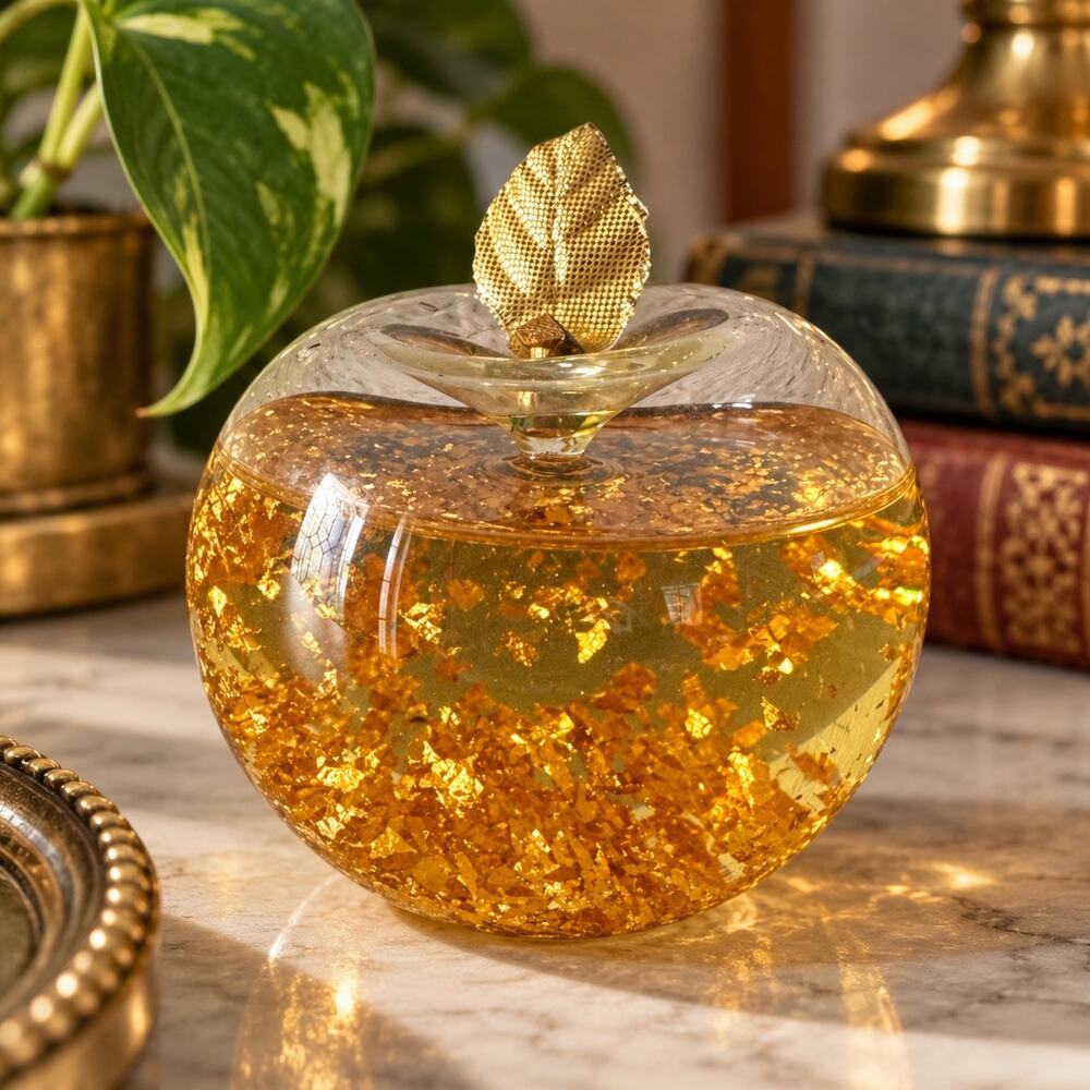 Goldenflow Studios 23K Gold Flake Glass Apple Snow Globe Paperweight USA